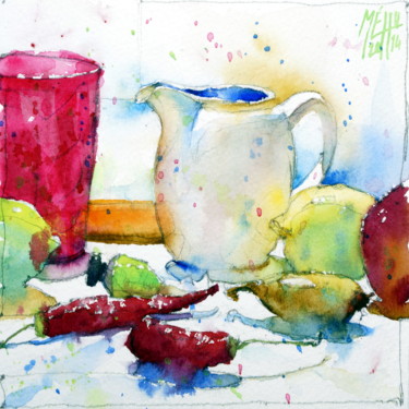 Painting titled "Pot à lait et verre…" by André Méhu, Original Artwork, Watercolor