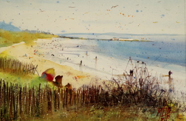 Peinture intitulée "La plage de Fort-Bl…" par André Méhu, Œuvre d'art originale, Aquarelle