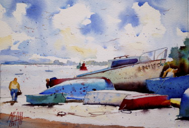 Painting titled "Sur la Cale de Locm…" by André Méhu, Original Artwork, Watercolor