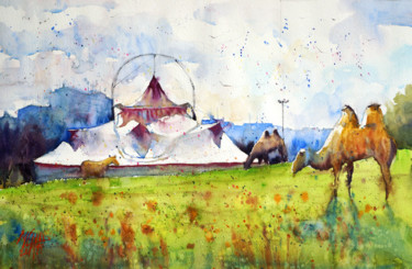 Peinture intitulée "Cirque et chameaux" par André Méhu, Œuvre d'art originale, Aquarelle