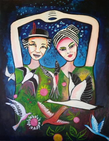 Painting titled "couple aux oiseaux" by Andre Rippert, Original Artwork, Acrylic