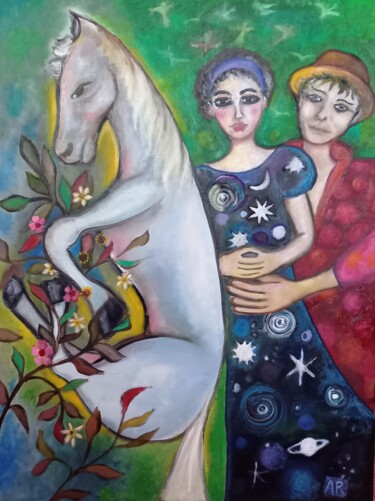 Картина под названием "couple au cheval bl…" - Andre Rippert, Подлинное произведение искусства, Масло