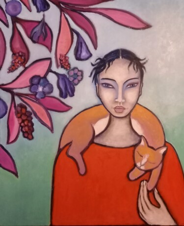 Painting titled "Femme au chat orange" by Andre Rippert, Original Artwork, Oil