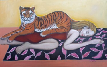 Painting titled "Femme au tigre" by Andre Rippert, Original Artwork, Oil