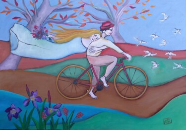 Painting titled "Cycliste inspiré" by Andre Rippert, Original Artwork, Oil