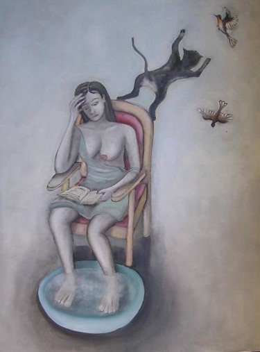 Schilderij getiteld "le bain de pieds" door Andre Rippert, Origineel Kunstwerk, Olie