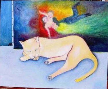 Peinture intitulée "chat au Chagall" par Andre Rippert, Œuvre d'art originale