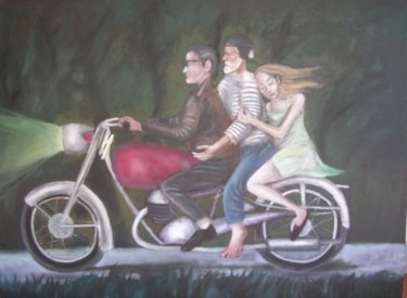 Peinture intitulée "la moto à 3" par Andre Rippert, Œuvre d'art originale, Huile