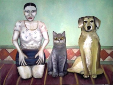 绘画 标题为“femme chat et chien” 由Andre Rippert, 原创艺术品, 油