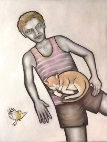 Ζωγραφική με τίτλο "le chat et l'oiseau" από Andre Rippert, Αυθεντικά έργα τέχνης, Λάδι