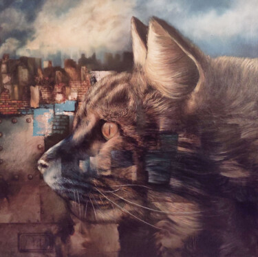 Painting titled "Felino" by Andrés Narváez, Original Artwork, Oil Mounted on Wood Stretcher frame