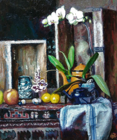 Painting titled "Orchids" by Andres Portillo, Original Artwork, Oil Mounted on Wood Stretcher frame