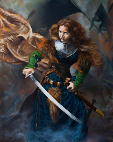 Painting titled "Shield-maiden" by Andrew Gusev, Original Artwork, Oil