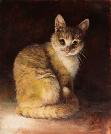 Painting titled "Sad cat" by Andrew Gusev, Original Artwork, Oil