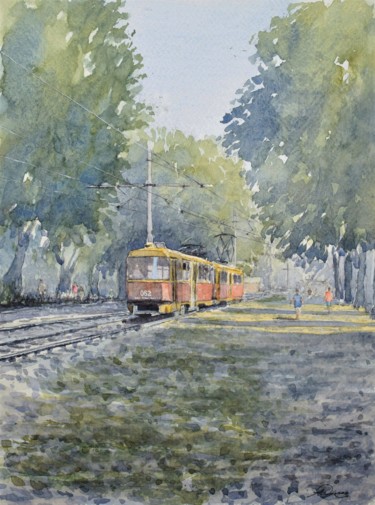 Schilderij getiteld "The Tram Home" door Andrew Lucas, Origineel Kunstwerk, Aquarel