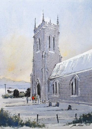 Schilderij getiteld "The village church" door Andrew Lucas, Origineel Kunstwerk, Aquarel