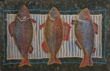 Textilkunst mit dem Titel "Three Fishes" von Andrew Schneider, Original-Kunstwerk, Stickerei