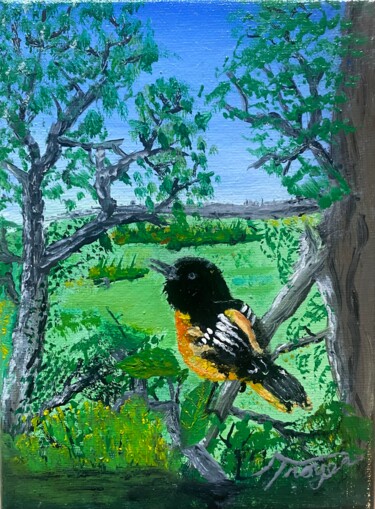 Painting titled "Baltimore Oriole" by Andrew Troyer, Jr, Original Artwork, Oil Mounted on Wood Stretcher frame