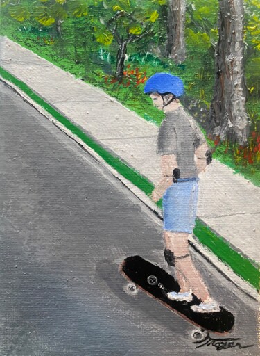 Painting titled "Skateboarding" by Andrew Troyer, Jr, Original Artwork, Oil Mounted on Wood Stretcher frame