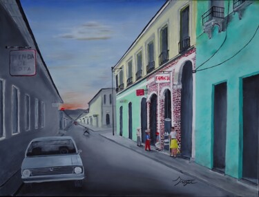 Painting titled "La Farmacia en Mata…" by Andrew Troyer, Jr, Original Artwork, Oil Mounted on Wood Stretcher frame