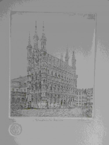 Tekening getiteld "Stadhuis Leuven" door Andre Wellens, Origineel Kunstwerk