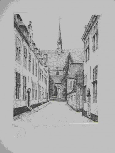 Tekening getiteld "Begijnhof Leuven" door Andre Wellens, Origineel Kunstwerk