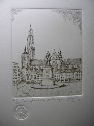 Tekening getiteld "Groenplaats" door Andre Wellens, Origineel Kunstwerk, Anders