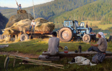 Pittura intitolato "Haymaking season" da Andrey Dareev, Opera d'arte originale, Olio