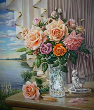 Pintura intitulada "Roses in a crystal…" por Andrey Goncharov, Obras de arte originais, Óleo