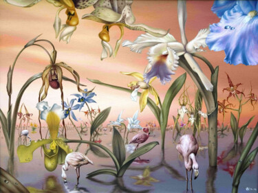 Картина под названием "Фламинго в саду орх…" - Андрей Горенков, Подлинное произведение искусства, Масло