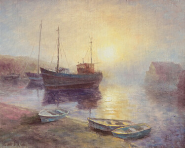 Pittura intitolato "Boats in the Bay at…" da Andrey Ivanov, Opera d'arte originale, Olio