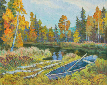 Painting titled "Boat on the River B…" by Andrey Ivanov, Original Artwork, Oil