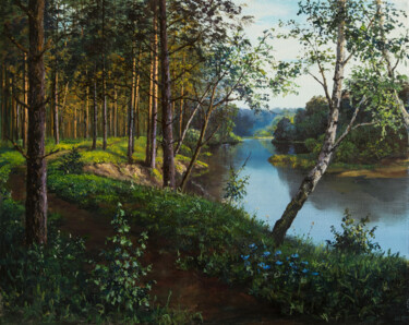 Pittura intitolato "Evening on the Desn…" da Andrey Ivanov, Opera d'arte originale, Olio
