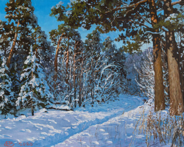 Картина под названием "Snowy Winter Forest…" - Andrey Ivanov, Подлинное произведение искусства, Масло