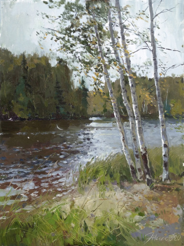 Картина под названием "Осенний ветер. Autu…" - Андрей Жилов, Подлинное произведение искусства, Масло Установлен на Деревянна…