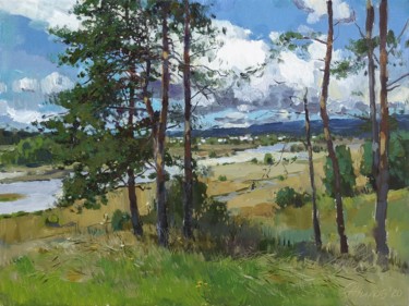 Painting titled "Сосны у реки. Pines…" by Andrei Zhilov, Original Artwork, Oil Mounted on Wood Stretcher frame