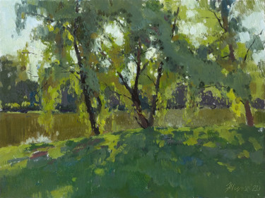 Картина под названием "Ивы у пруда. Willow…" - Андрей Жилов, Подлинное произведение искусства, Масло Установлен на Деревянна…