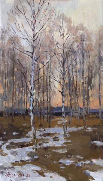Painting titled "April evening" by Andrei Zhilov, Original Artwork, Oil Mounted on Wood Stretcher frame