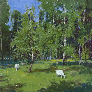 Painting titled "В майском лесу. In…" by Andrei Zhilov, Original Artwork, Oil Mounted on Wood Stretcher frame