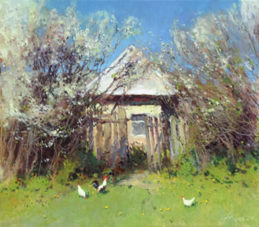 Malarstwo zatytułowany „Домик в саду” autorstwa Андрей Жилов, Oryginalna praca, Olej Zamontowany na Drewniana rama noszy