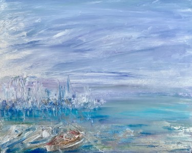 Painting titled "Boats" by Andrey Kryuk, Original Artwork, Acrylic Mounted on Cardboard