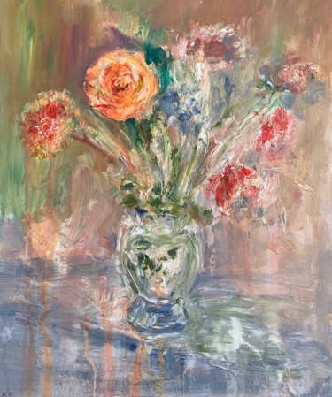Painting titled "Bouquet with rose" by Andrey Kryuk, Original Artwork, Acrylic Mounted on Cardboard