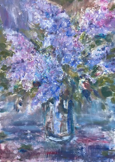 Painting titled "Lilac in vase" by Andrey Kryuk, Original Artwork, Acrylic Mounted on Cardboard