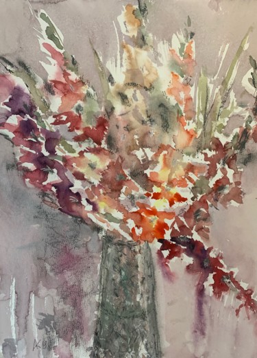 Painting titled "Bouquet with gladio…" by Andrey Kryuk, Original Artwork, Watercolor