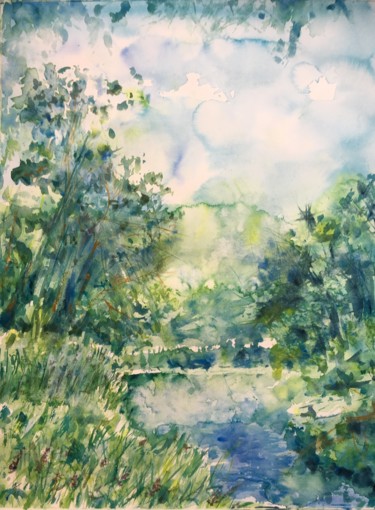 Painting titled "Landscape with river" by Andrey Kryuk, Original Artwork, Watercolor