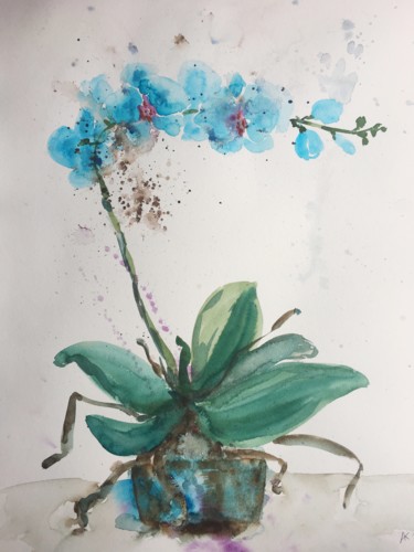 Painting titled "Phalaenopsis Blue O…" by Andrey Kryuk, Original Artwork, Watercolor