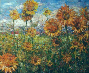 Pintura titulada "Sunflowers in the f…" por Andrey Lyssenko, Obra de arte original, Oleo Montado en Bastidor de camilla de m…