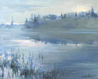 Painting titled "First ice on the ri…" by Andrey Lyssenko, Original Artwork, Oil Mounted on Wood Stretcher frame