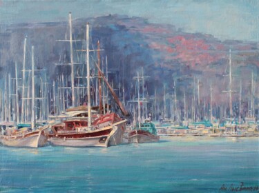 Painting titled "Yachts of the Aegea…" by Andrey Lyssenko, Original Artwork, Oil Mounted on Wood Stretcher frame