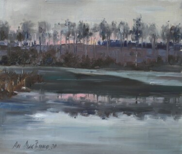 Ζωγραφική με τίτλο "Sunset on the winte…" από Andrey Lyssenko, Αυθεντικά έργα τέχνης, Λάδι Τοποθετήθηκε στο Ξύλινο φορείο σκ…
